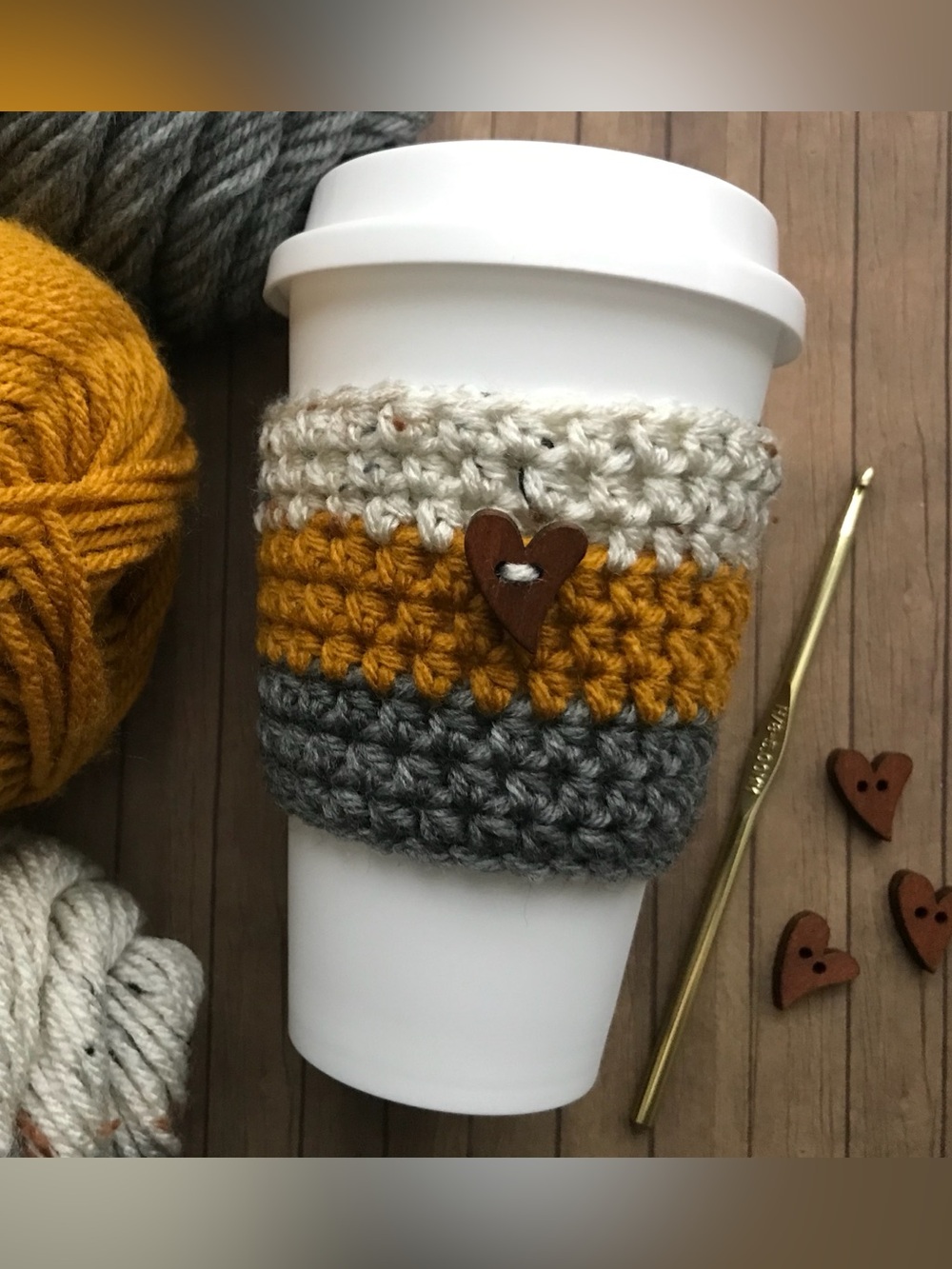 Handmade Crochet Coffee Sleeve with Heart Button - Mustard, Gray & Cream